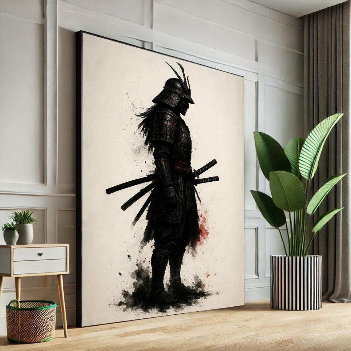 Mystical Samurai Warrior Ink Silhouette Three Sword Art Poster