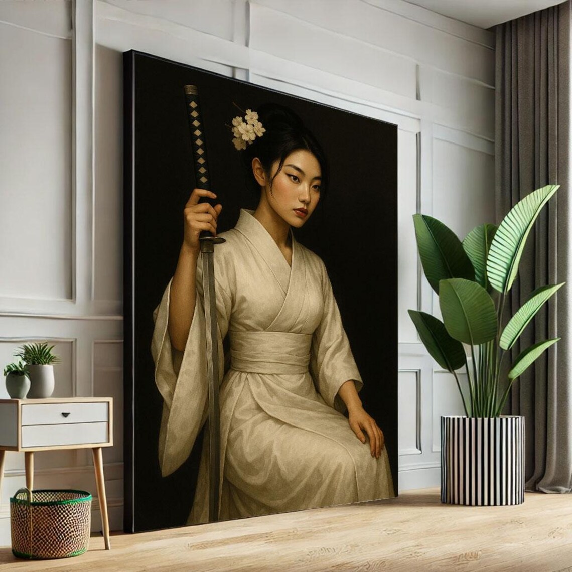 Elegant Samurai Woman White Kimono Katana Dark Portrait Poster