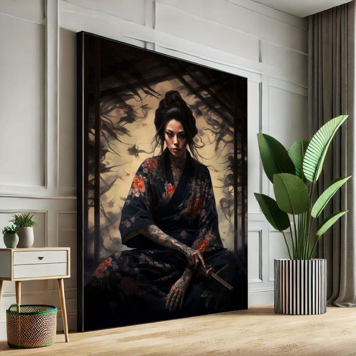 Tattooed Samurai Woman Dark Floral Kimono Katana Portrait Poster