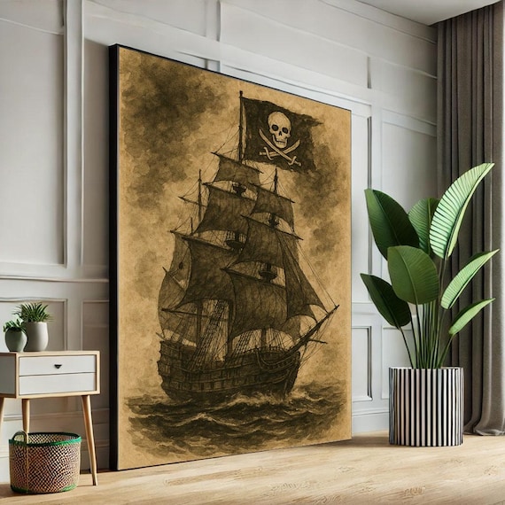 Vintage Sepia Pirate Ship Skull Flag Tall Ship Nautical Ocean Art Poster