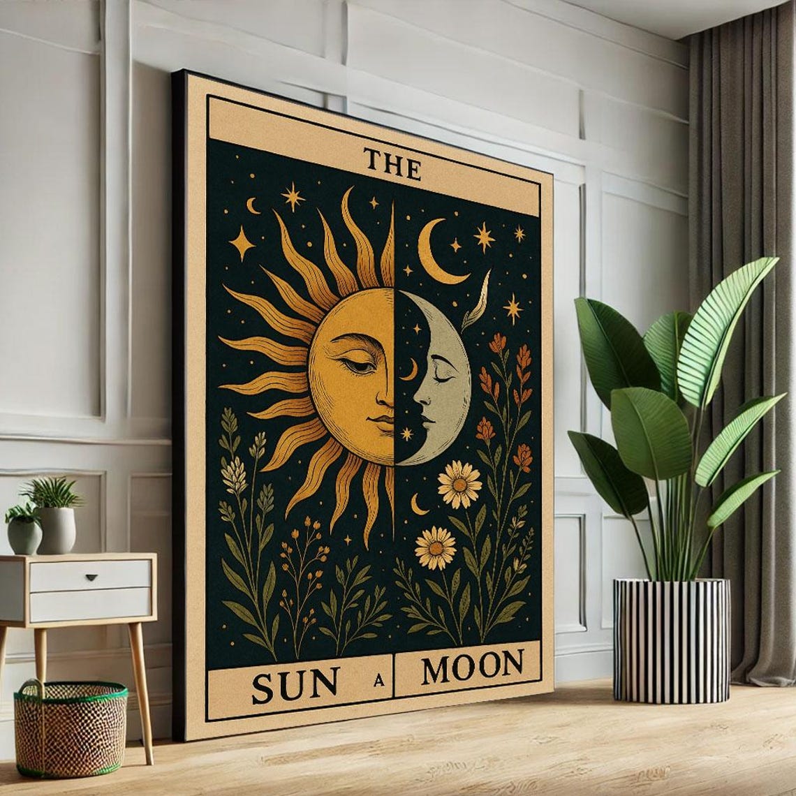 Golden Mystical Sun And Moon Tarot Card Celestial Boho Poster