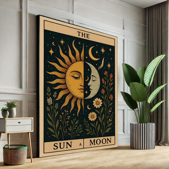 Mystical Sun And Moon Canvas Wall Art Print Boho Living Room Decor Statement Piece For Modern Interiors