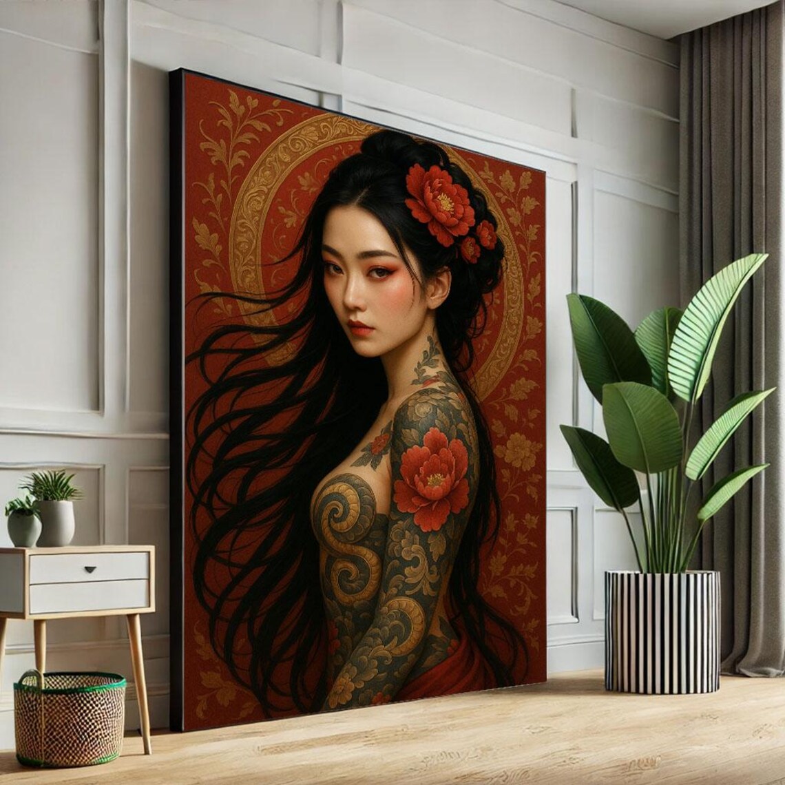 Elegant Tattooed Woman With Peony Sleeve Red Gold Art Poster