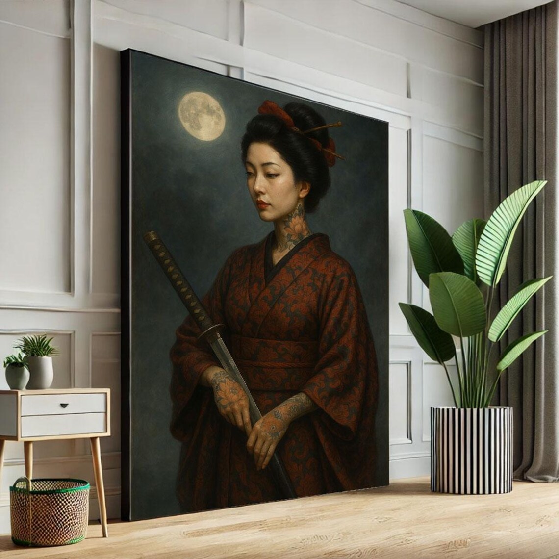 Tattooed Woman in Dark Red Kimono with Katana Under Full Moon Poster