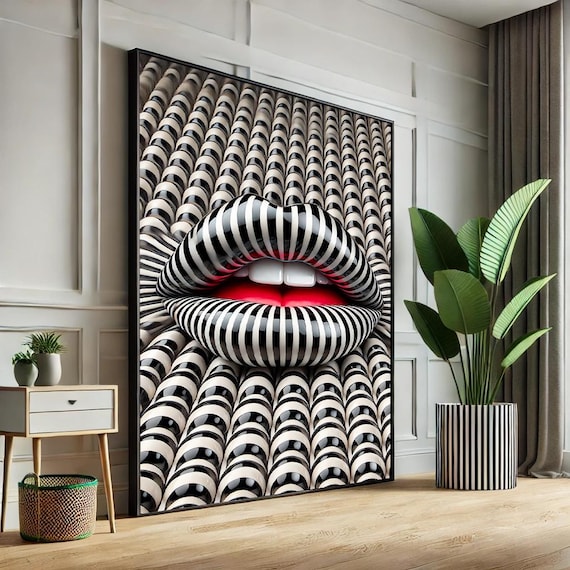 Bold 3D Striped Lips Pop Art Scallop Pattern Black White Poster