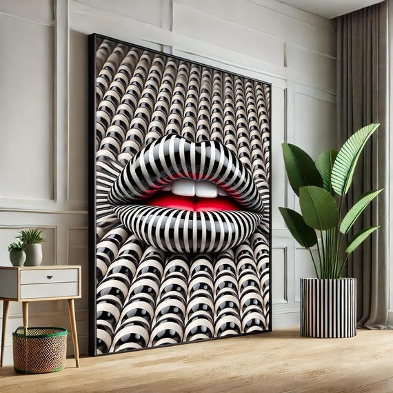 Woman Lips Abstract Pop Art Canvas Black White Striped Wall Decorunique Gift For Fashion Lovers Boyfriend Christmasmodern Home