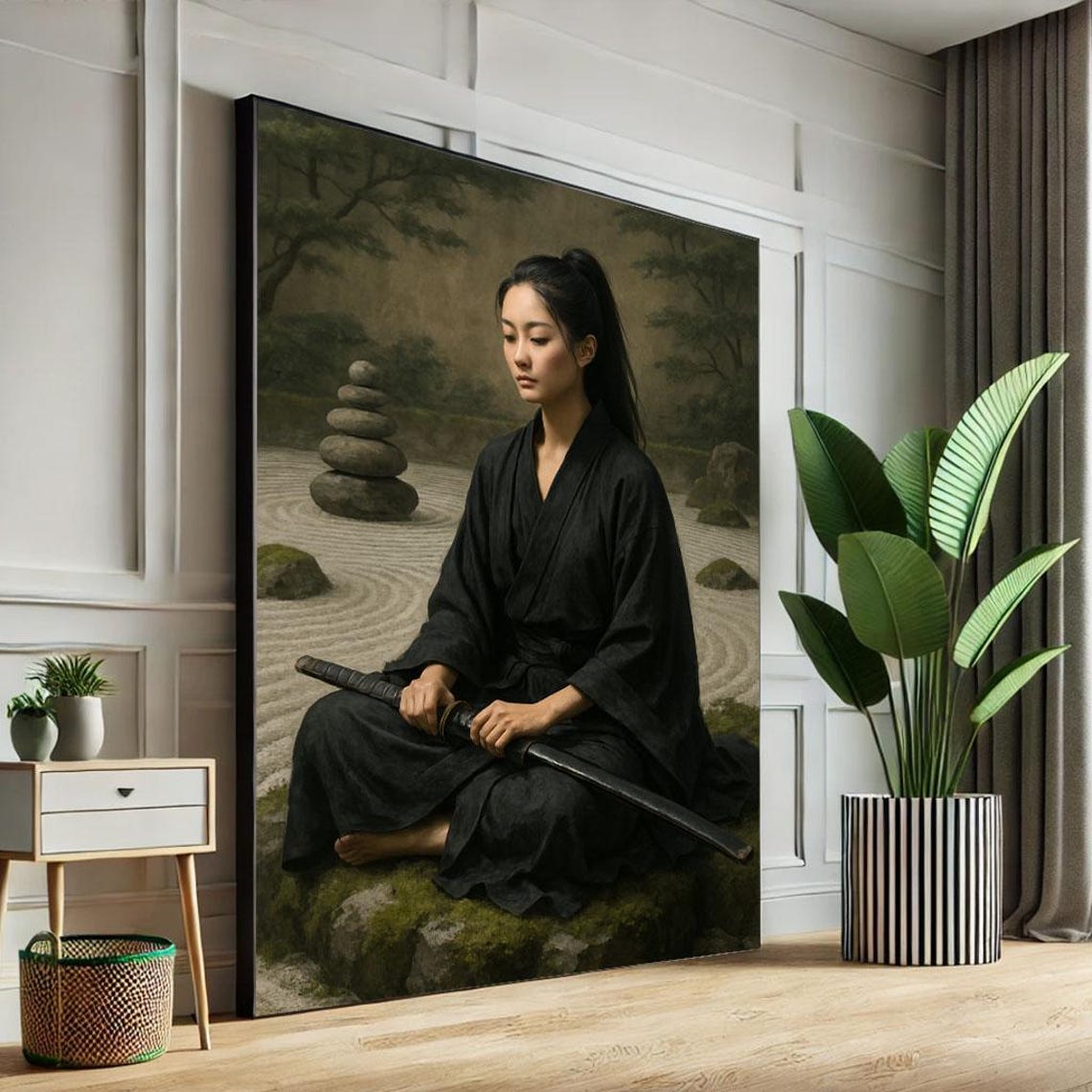 Calm Samurai Woman Meditating in Zen Rock Garden with Katana Poster
