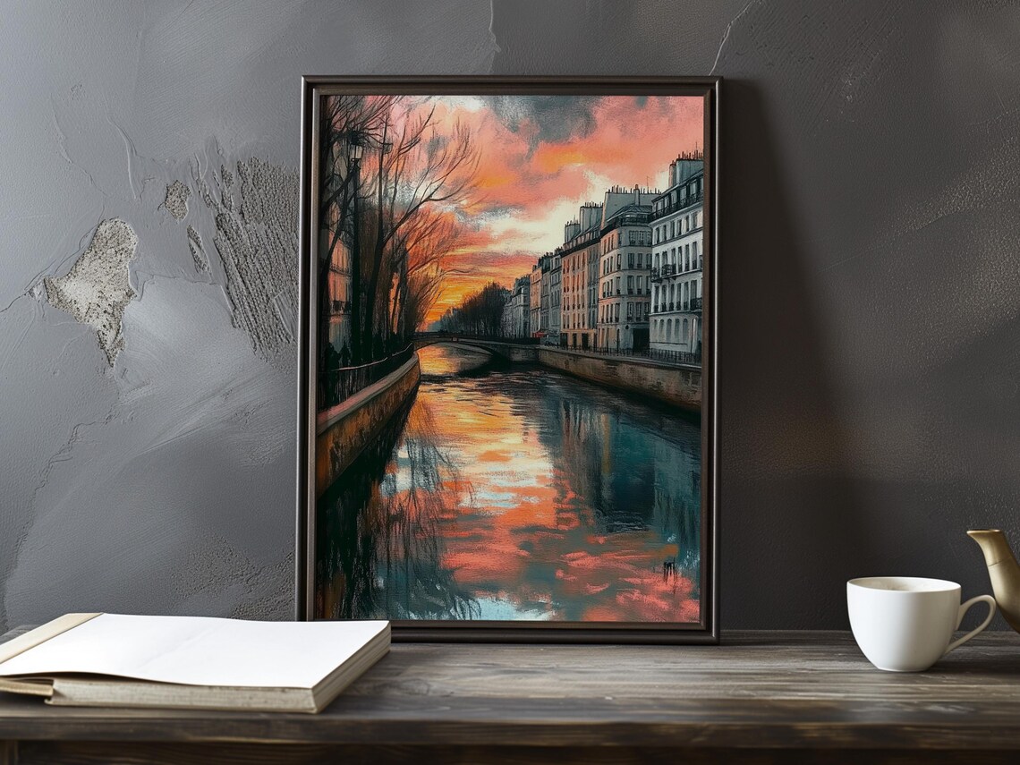Golden Sunset Reflections Rippling Across a Parisian Canal Poster