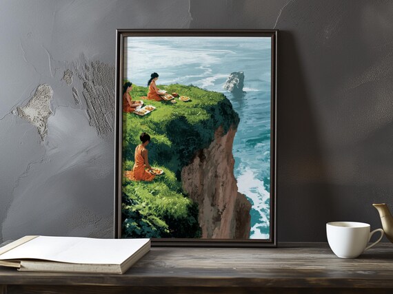 Women in Vivid Red Dresses on a Grassy Cliff Over the Sea Poster