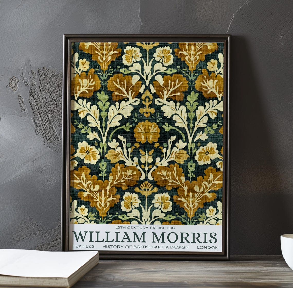 William Morris Gold Oak Leaf Textile Pattern on Dark Teal Poster
