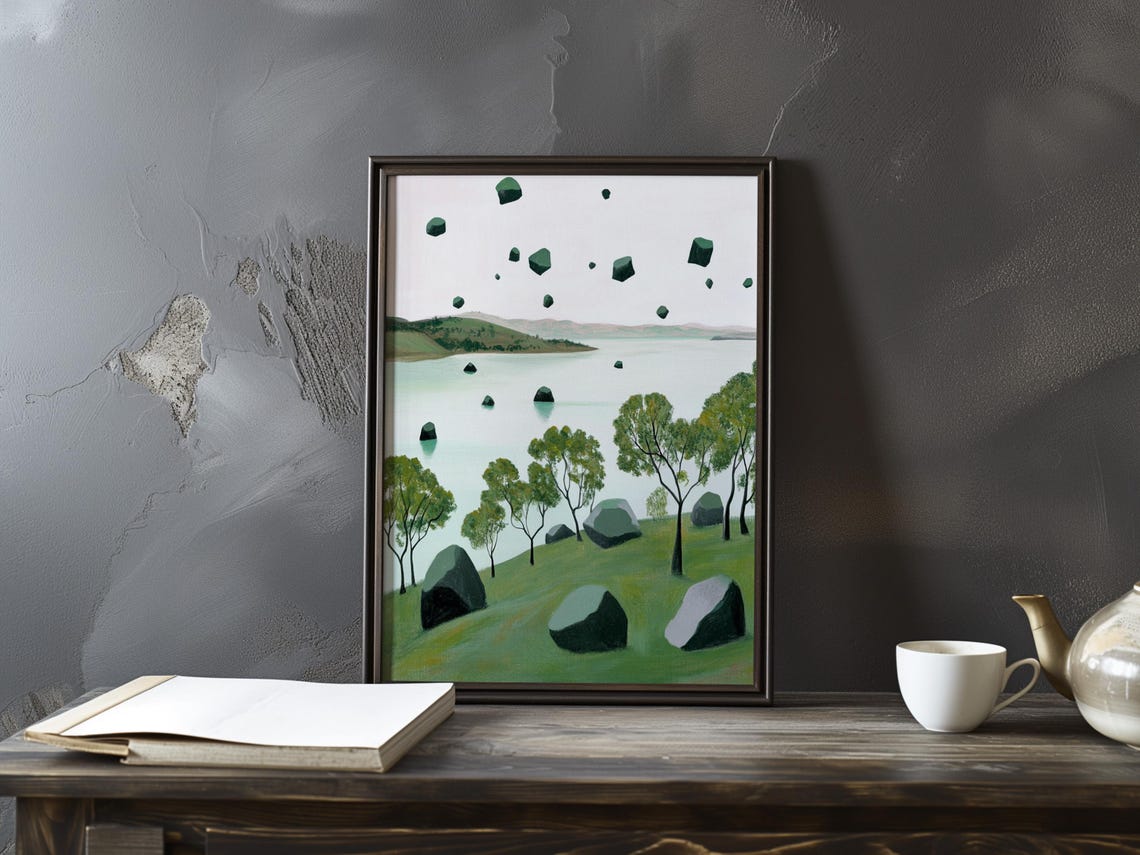 Green Boulders Drifting Above a Calm Lake Surreal Landscape Poster