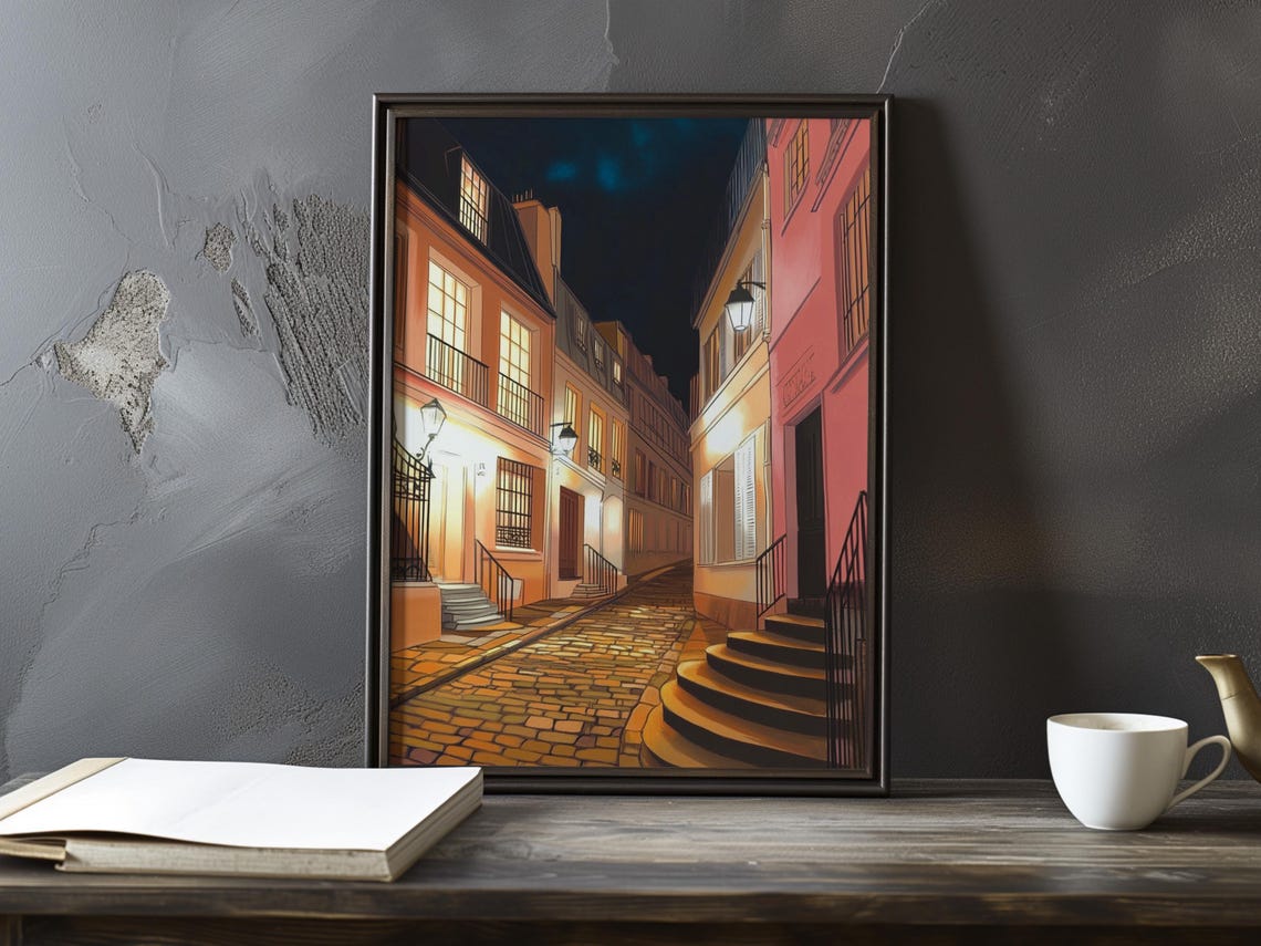 Parisian Lane at Night Curved Steps and Pink Facades Fine Art Poster