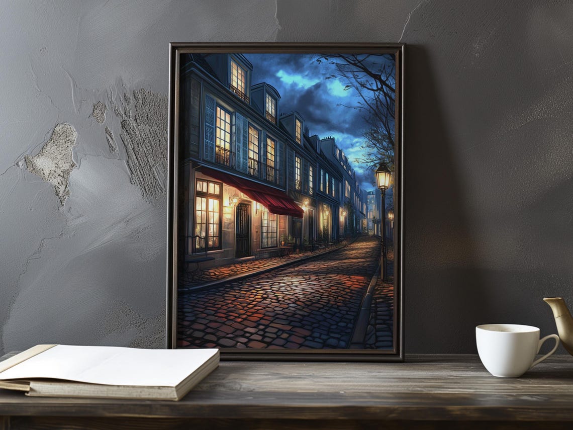 Blue Hour Paris Street with Red Cafe Awning and Warm Windows Poster