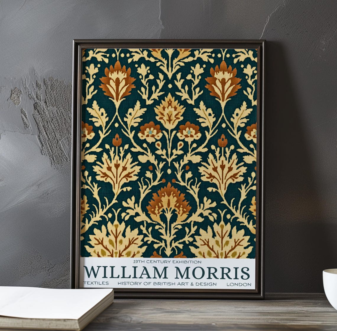 William Morris Thistle Sprig Textile Pattern Teal and Gold Poster