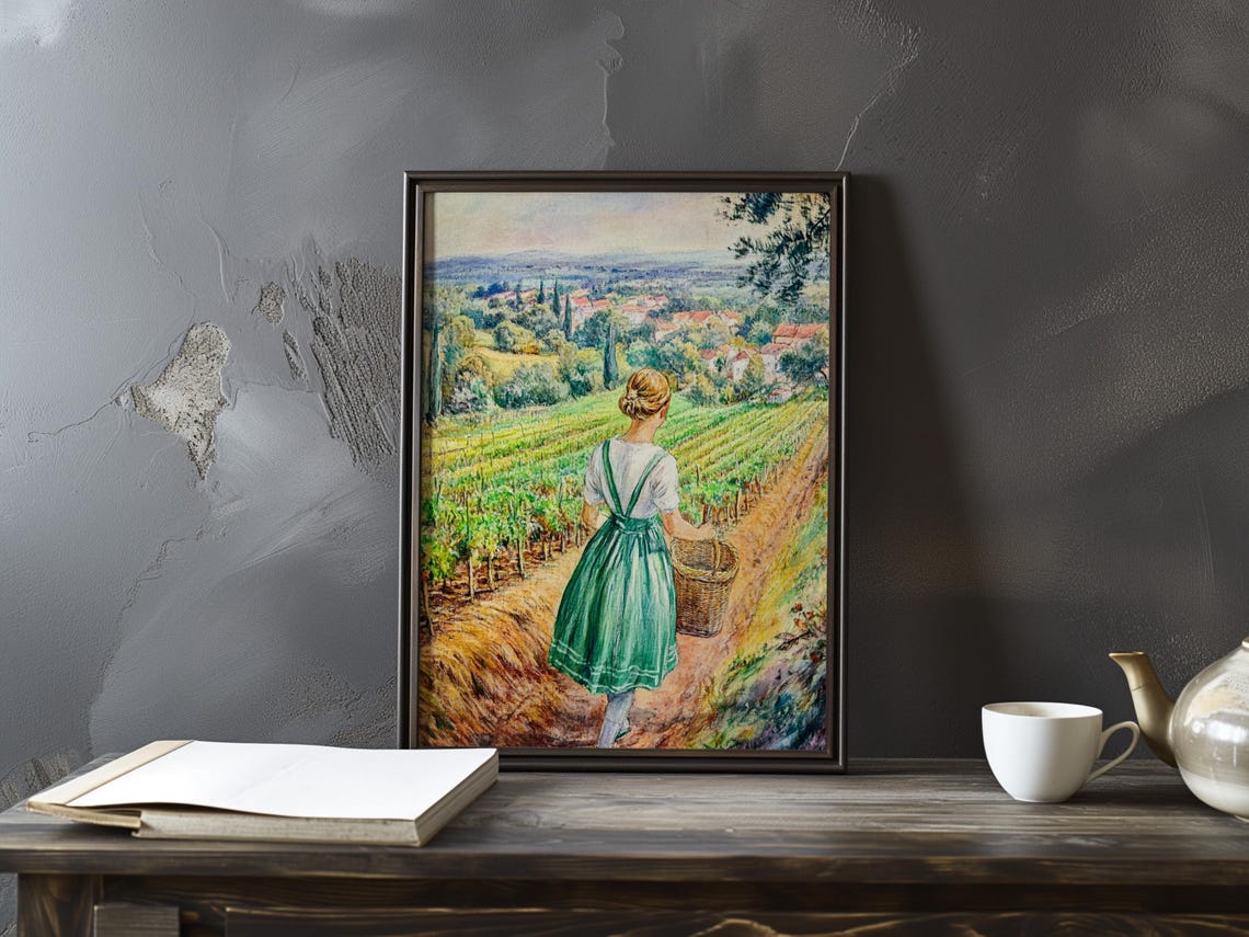 Girl with Basket in a Vineyard Overlooking a Valley Art Poster