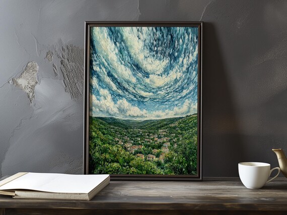 Swirling Cloudscape Over A Green Valley Village At Dusk Poster