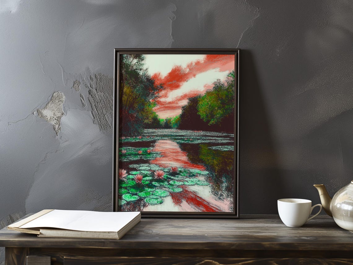 Claude Monet Water Lilies Red Sunset Glow Reflection Art Poster