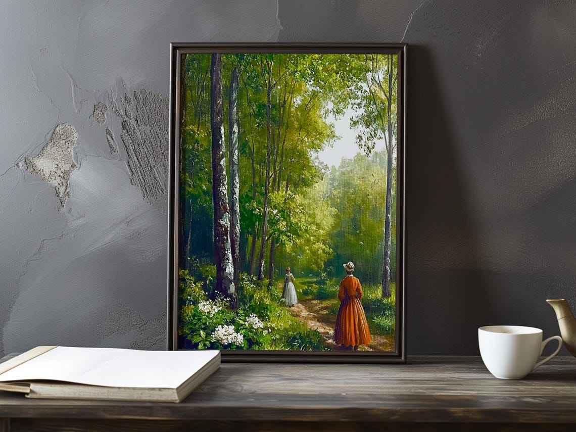 Two Women Walking Together Down A Flower-Lined Birch Path Poster