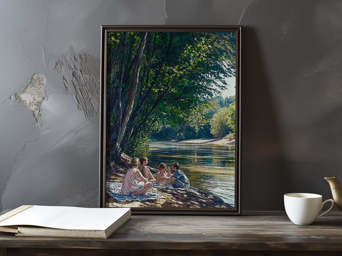 Friends Picnicking on a Shaded Summer Riverbank Impressionist Poster