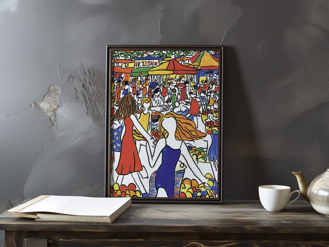 Crowded Colorful Market Street Scene Fauvist Style Art Poster