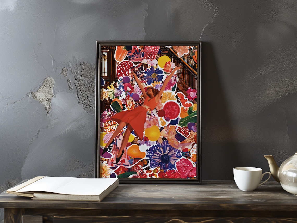 Woman in Red Dress Leaping Among Vivid Flowers Collage Art Poster