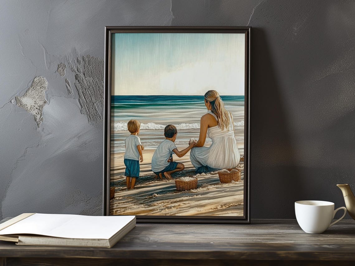 Mother And Children Playing On The Beach At The Waterline Poster