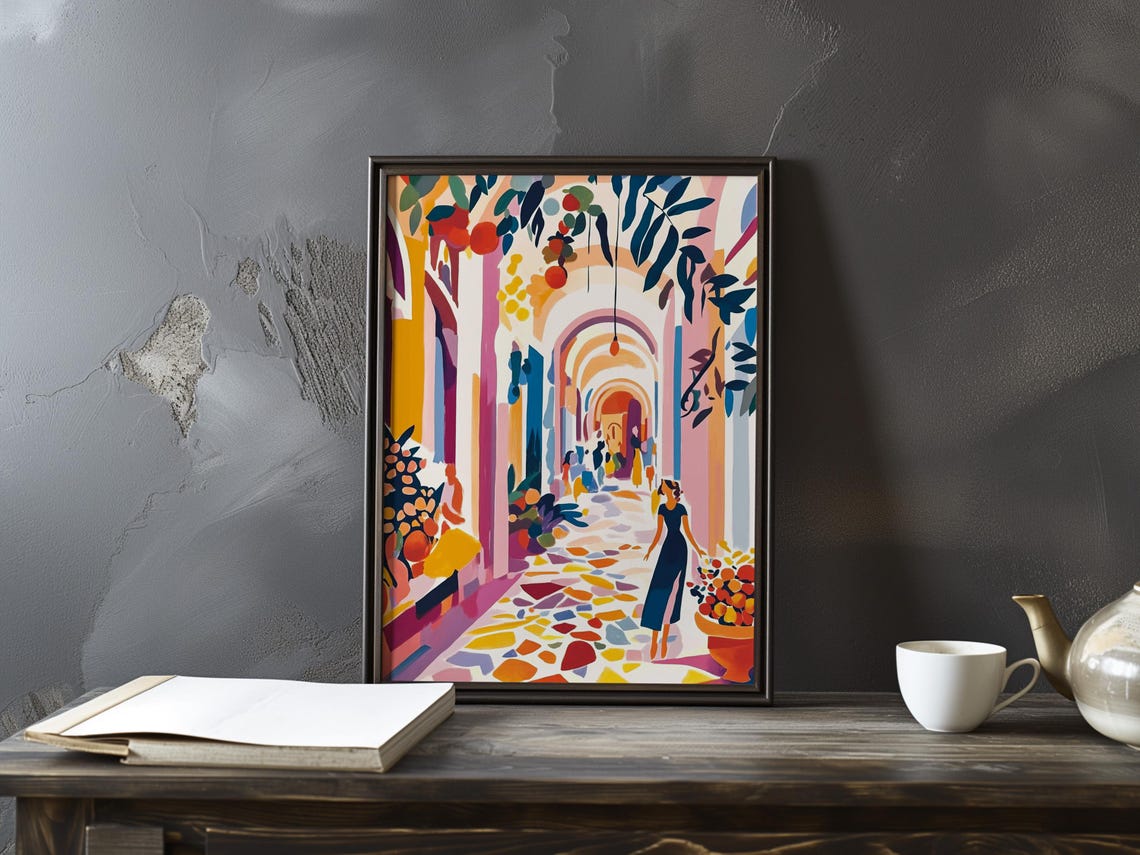 Woman Walking Through a Colorful Arched Market Street Art Poster