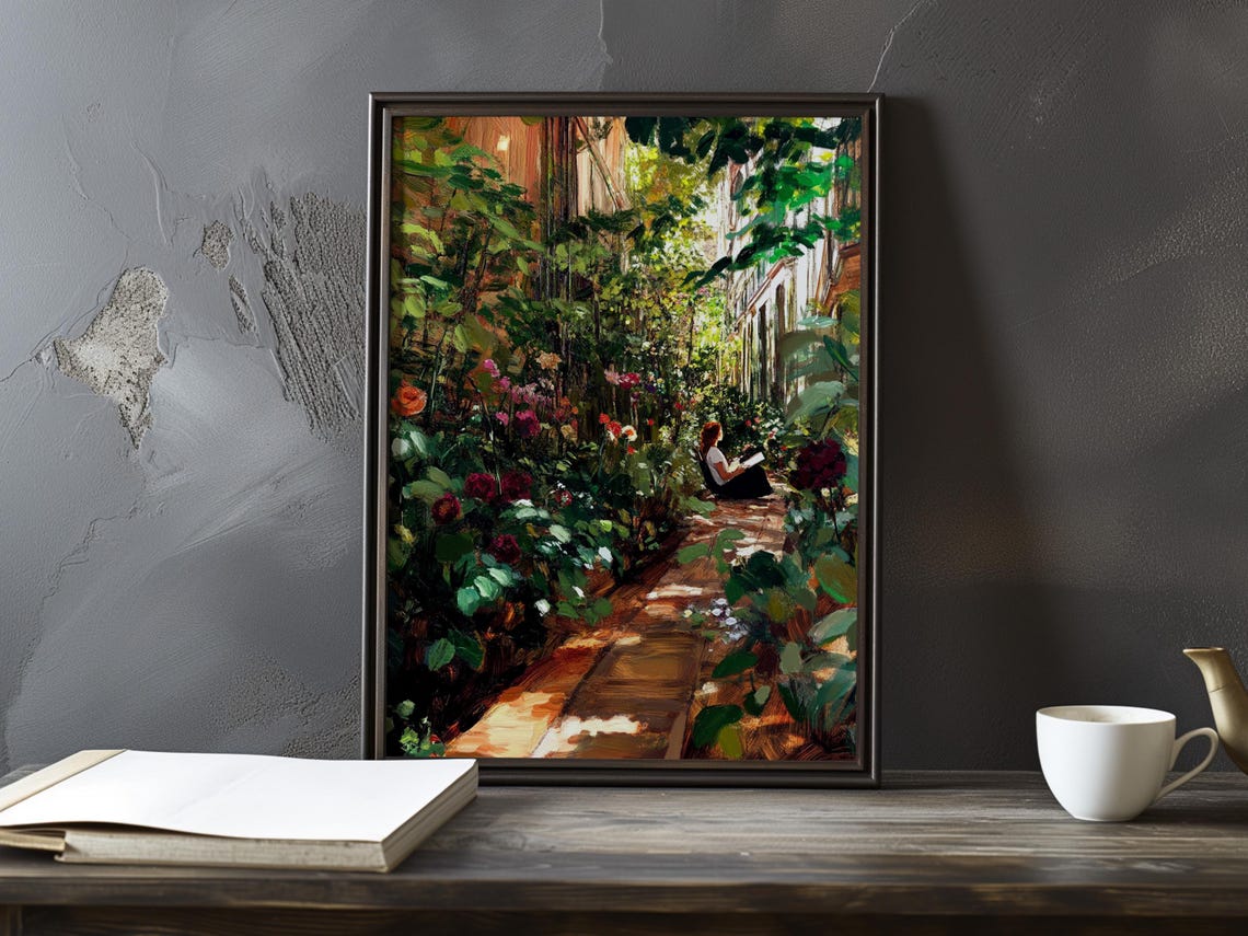Lush Flower-Lined Garden Pathway With A Distant Reader Poster