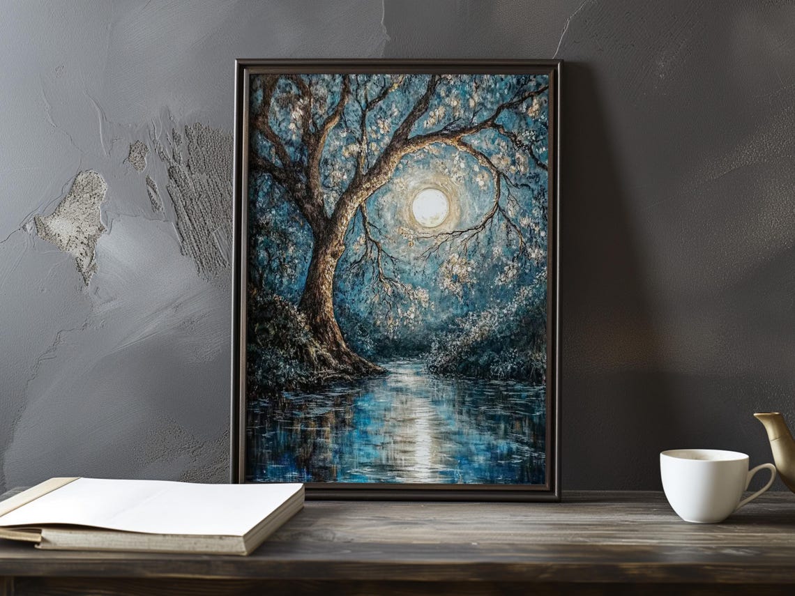 Full Moon Glowing Through Tree Branches Over Moonlit River Poster