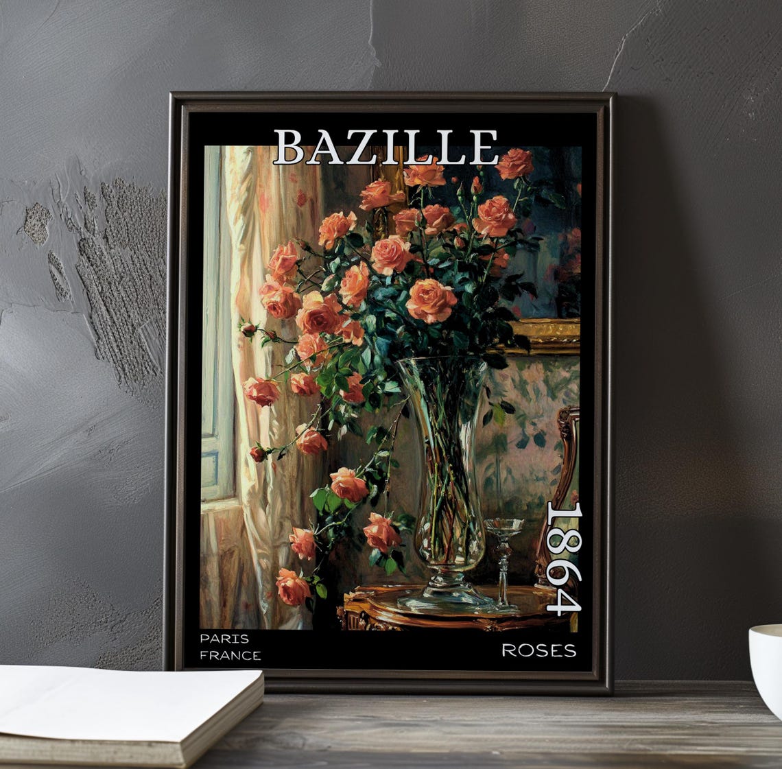 Bazille Roses 1864 Salmon Roses in Tall Vase by Window Curtains Poster