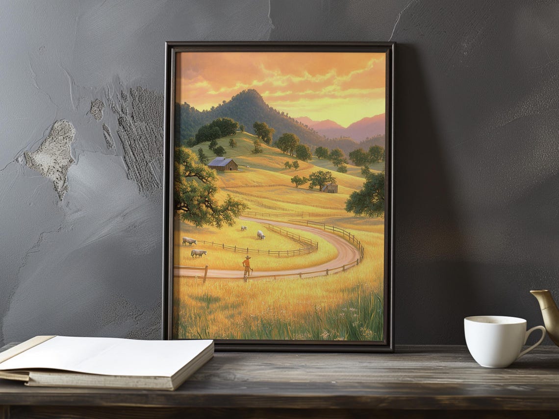 Golden Sunset Farm Valley With a Farmer and Grazing Cattle Poster