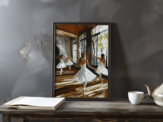 Four Ballerinas White Dresses Dancing Sunlit Studio Ballet Class Poster