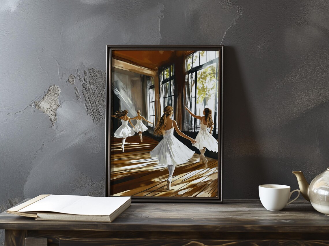 Four Ballerinas White Dresses Dancing Sunlit Studio Ballet Class Poster