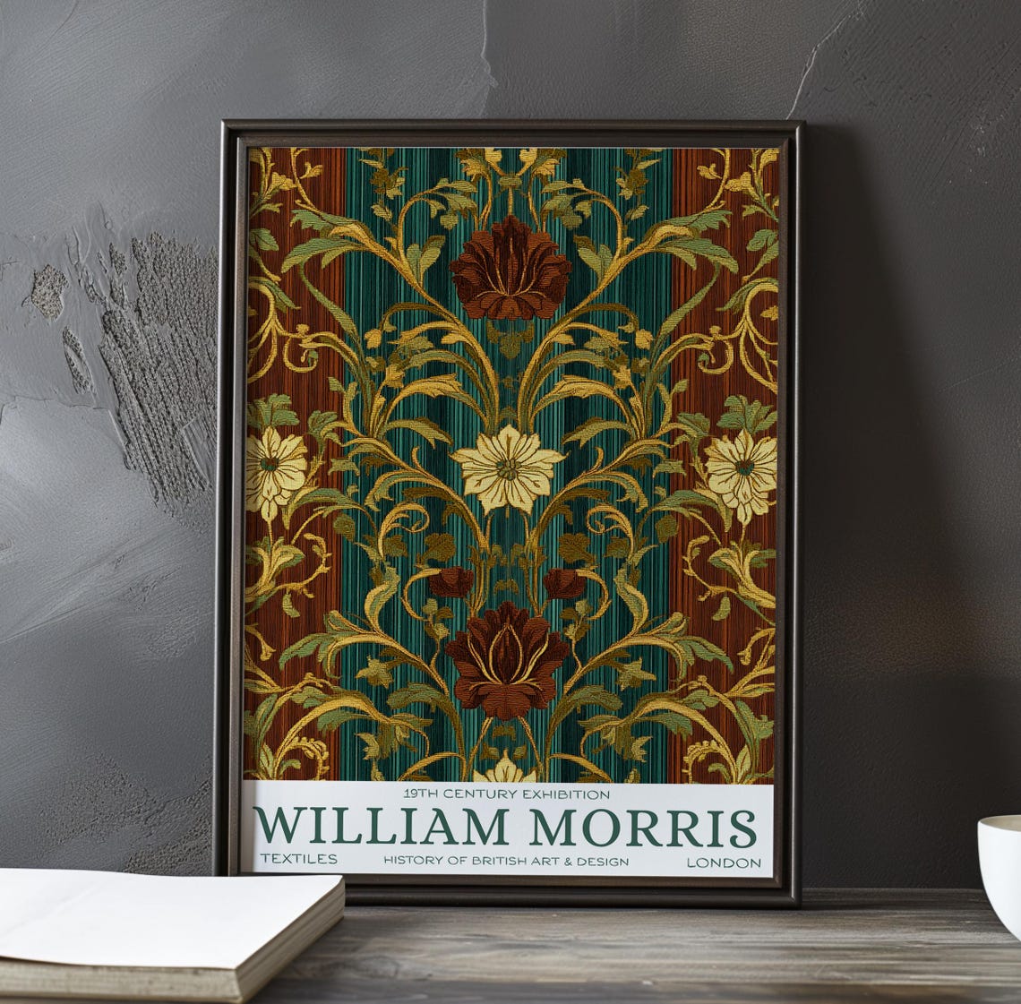 William Morris Teal and Rust Acanthus Floral Exhibition Poster