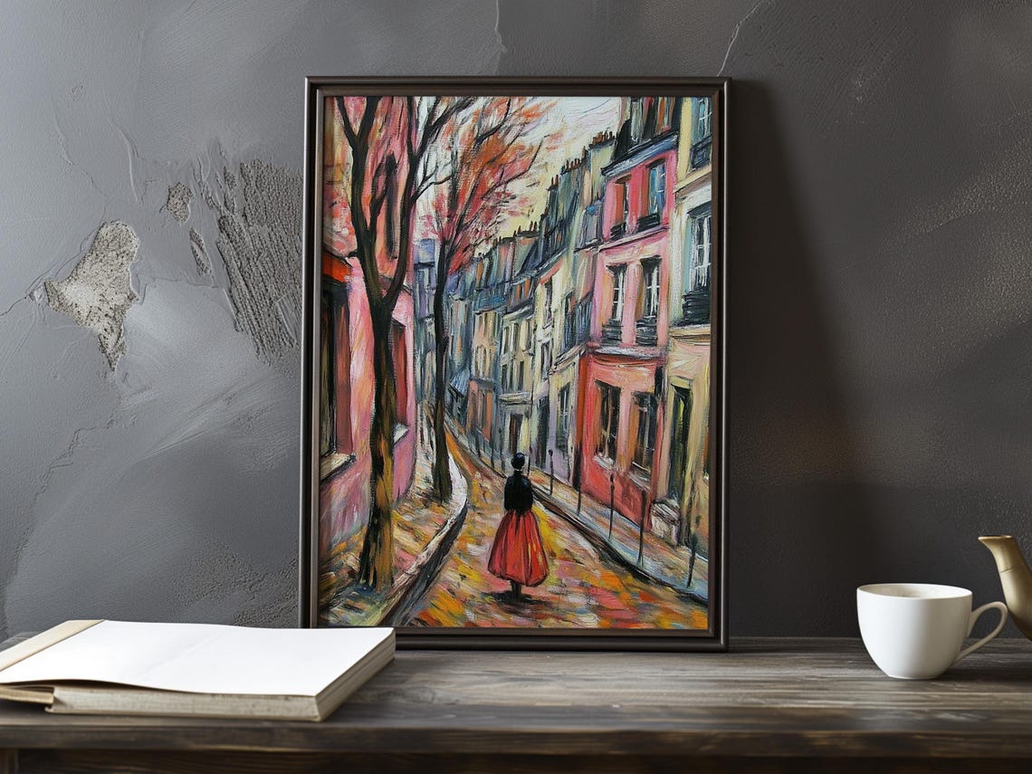 Parisian Lane With Red Trees And A Woman In A Red Skirt Poster