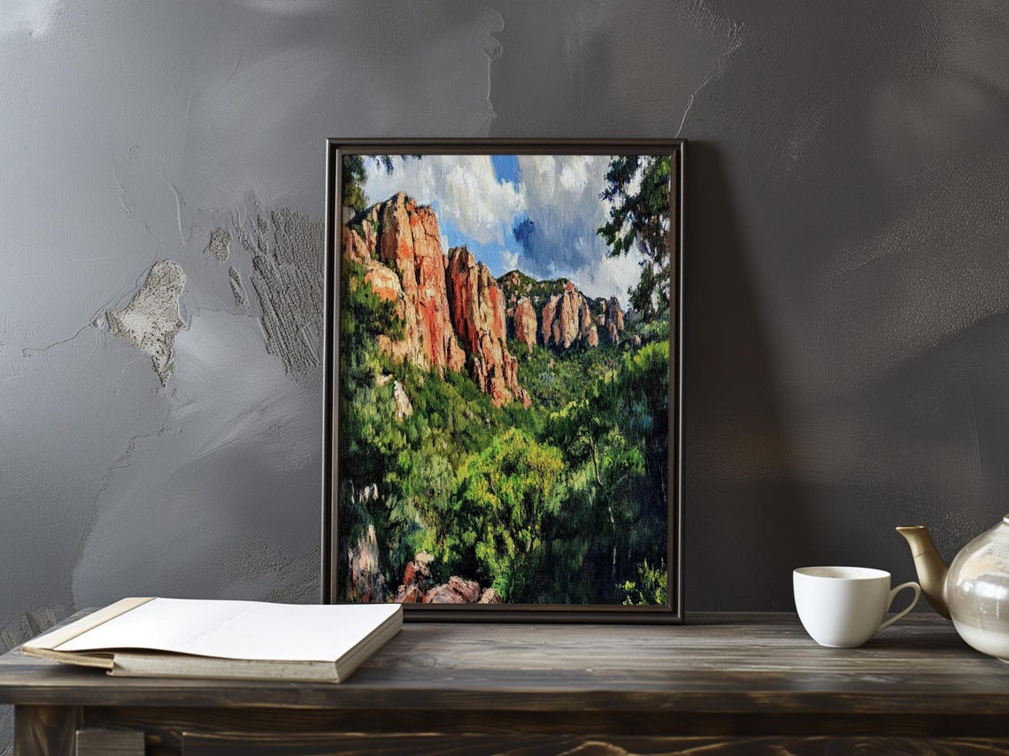 Cezanne-Inspired Red Rock Cliffs Above a Dark Forest Vista Poster