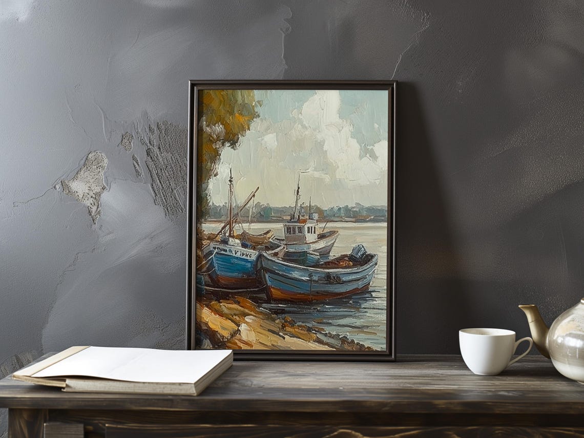 Beached Blue Fishing Boats Under a Cloudy Sky Impressionist Poster