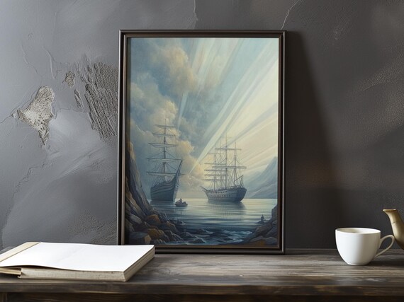 Tall Sailing Ships in a Misty Harbor Morning Light Painting Poster