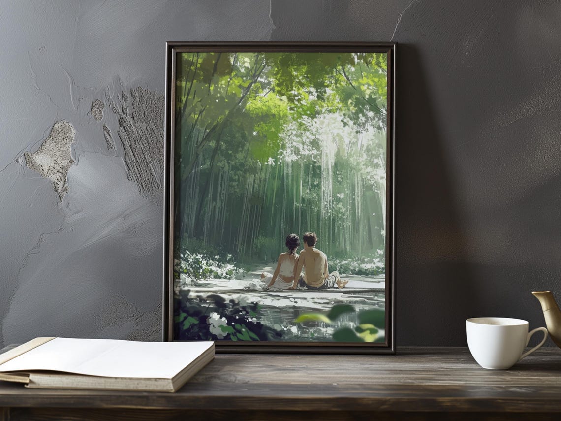 Couple Resting by the Water at Bamboo Forest Edge Art Poster