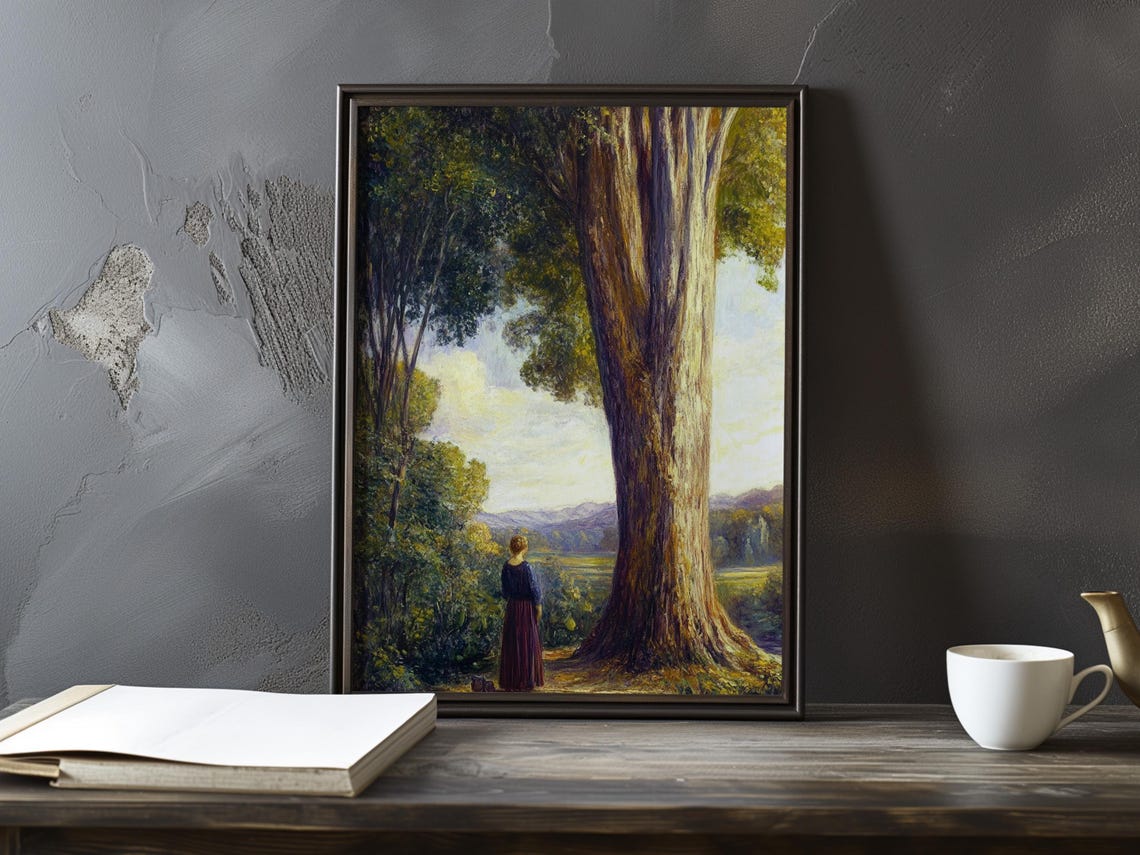 Woman Gazing At A Valley Vista Beside A Huge Old Tree Poster