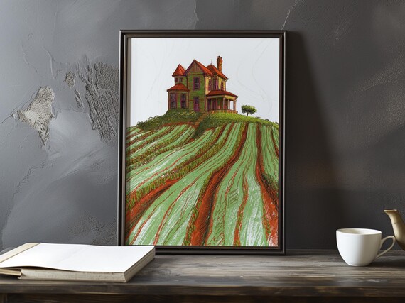 Victorian House On A Striped Green Hill In Pen And Ink Style Poster