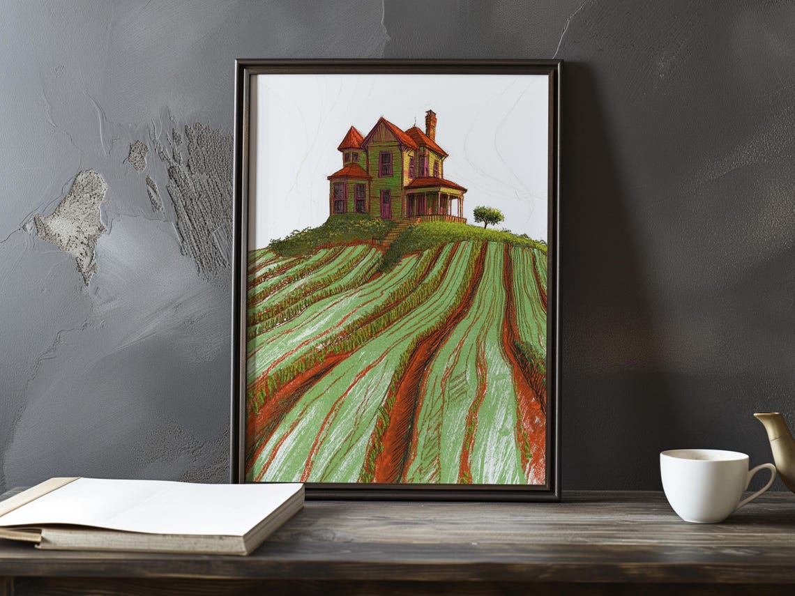 Victorian House On A Striped Green Hill In Pen And Ink Style Poster