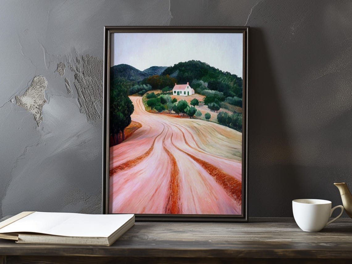 Rose-Tinted Road Leading to a White Cottage in Green Hills Poster