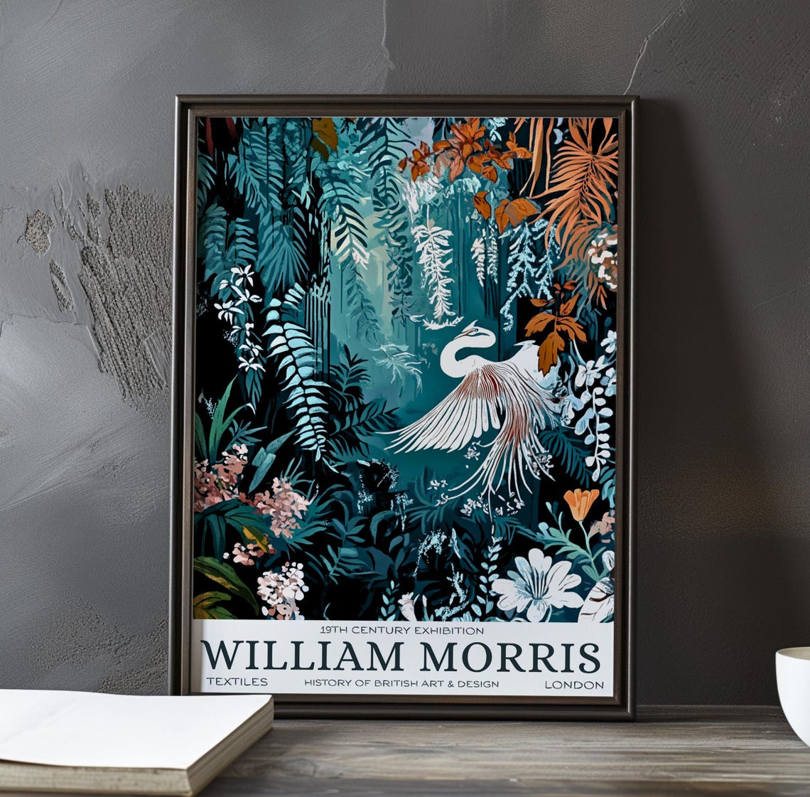 William Morris White Crane Flying Dark Jungle Textile Poster