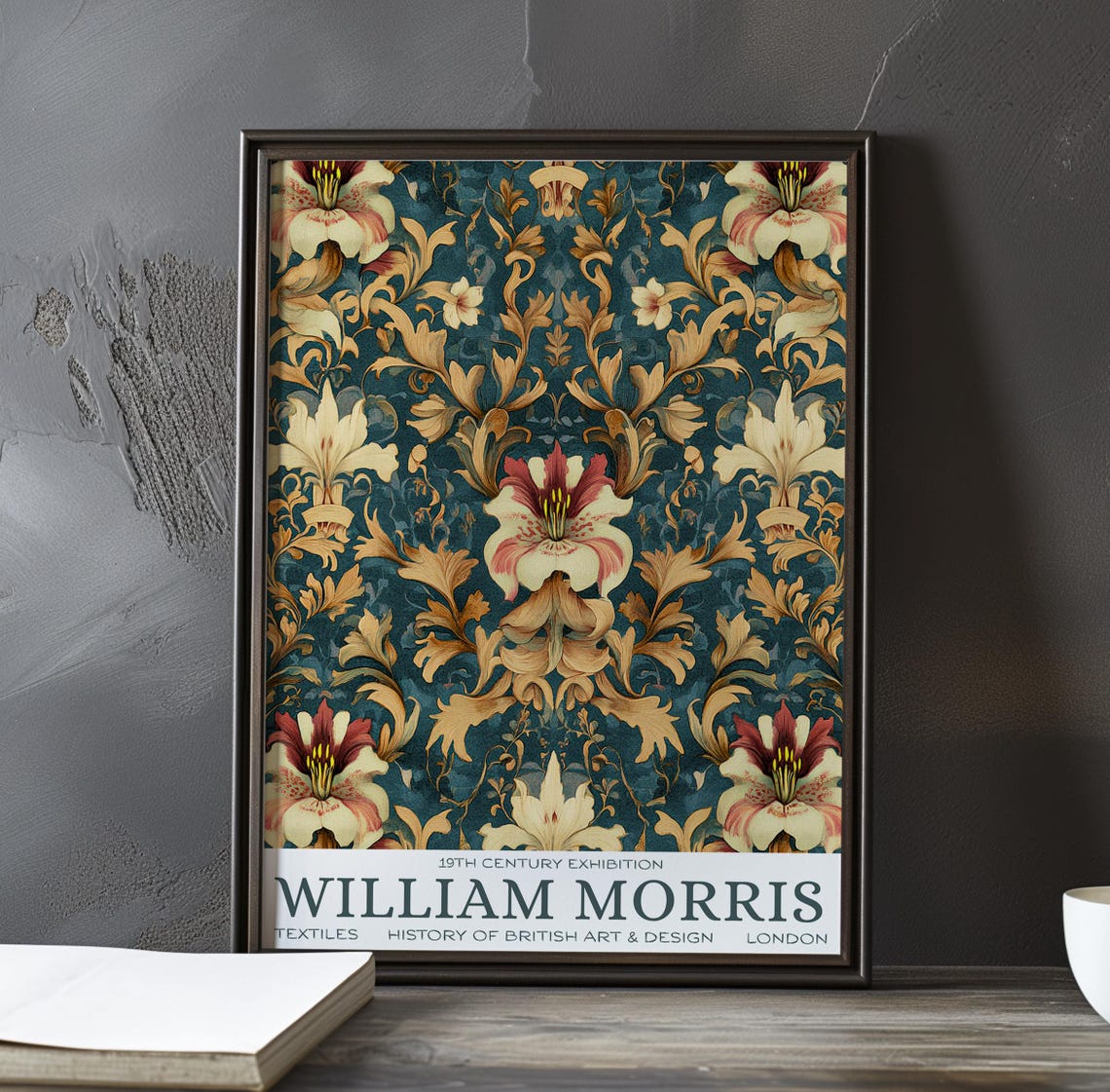 William Morris Teal and Gold Lily Damask Textile Pattern Wall Poster
