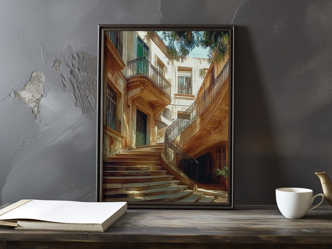 Sunlit Mediterranean Courtyard Staircase Impressionist Poster