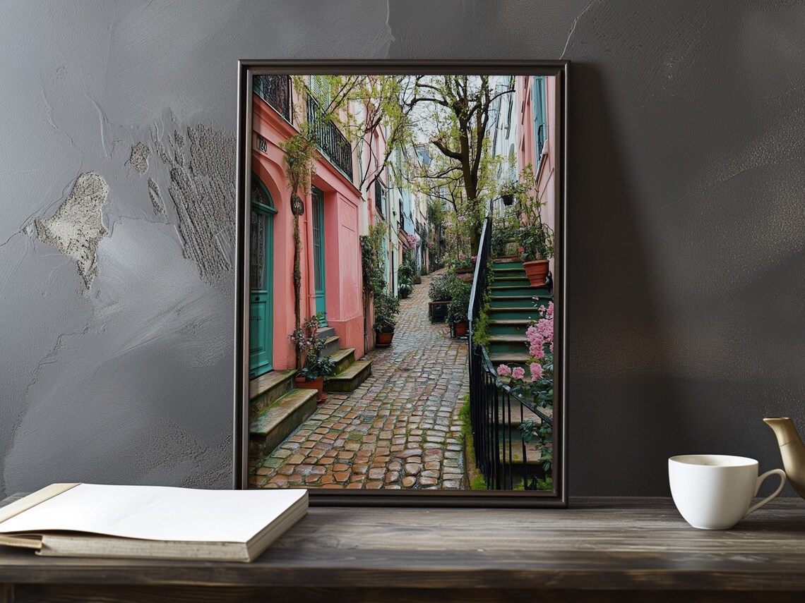 Colorful Montmartre Alley With Pink Houses and Blooming Flowers Poster