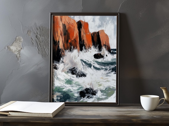 Fiery Red Cliffs Against Churning Storm Seas Impressionist Poster
