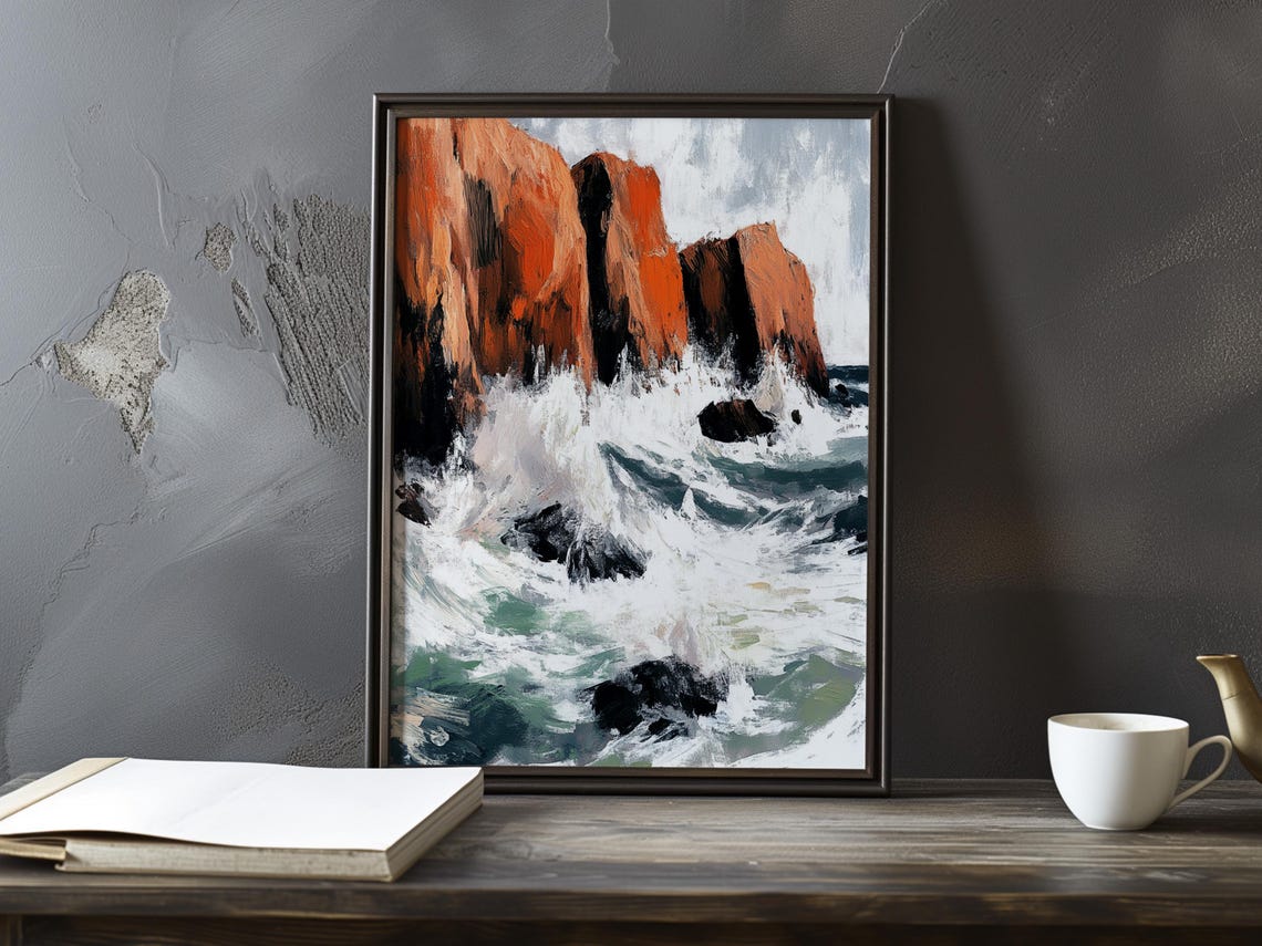 Fiery Red Cliffs Against Churning Storm Seas Impressionist Poster