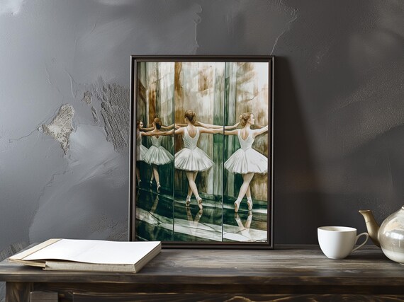 Three Dancers White Tutus Barre Mirrors Studio Ballet Rehearsal Poster